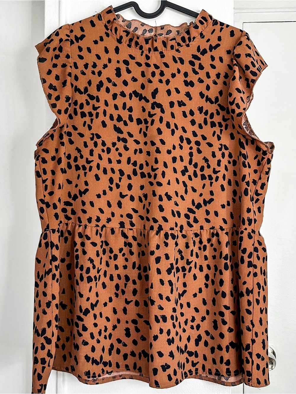 Animal Print Ruffle-Neck Babydoll Blouse 🤎